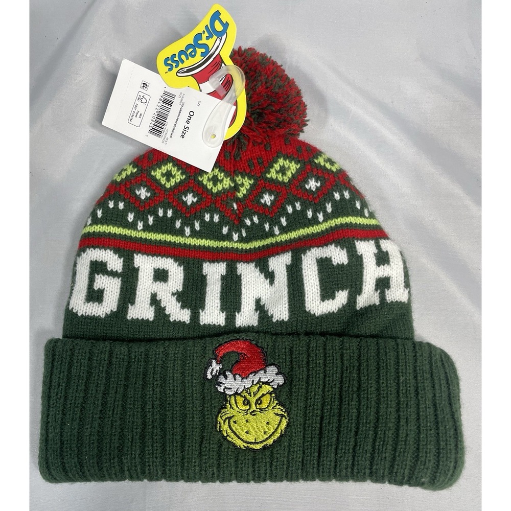 Grinch Beanie Pom Pom Hat Bioworld The Grinch Dr Seuss Christmas Holiday NEW NWT - Picture 3 of 7